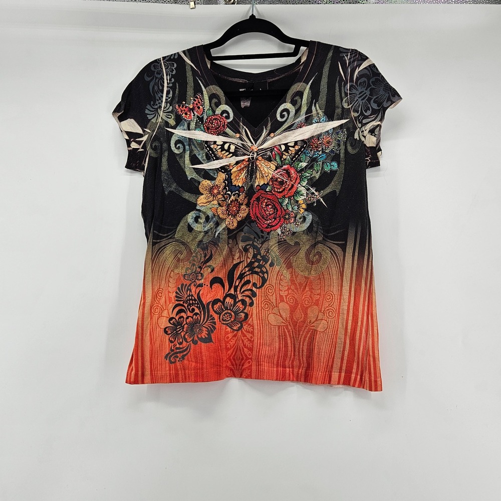 Y2K Butterfly Rhinestone Graphic Tee Top Large Grunge Whimsigoth Fairy Indie
